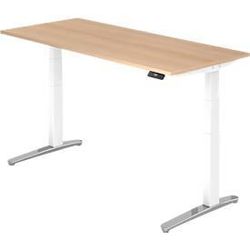 Schreibtisch TOPAS LINE, elektrisch höhenverstellbar, C-Fuss, B 1800 x T 800 x H 650-1300 mm, Eiche/weissaluminium + Memoryschalter, Kabelkanal