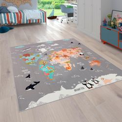 Paco Home Grau Teppich "Bino 581" Rechteckig 4 Mm Höhe Spielteppich Motiv Weltkarte & Tiere Zimmer Kinder von Baur - Image 3