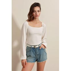 Weiß Taillierte Texturbluse Mit Quadratischem Kragen Und Rüschendetail
