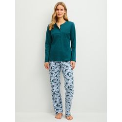 Calida Damen Türkis Midnight Flowers Pyjama, Langfür S, Wärmender Pyjama Aus Reiner Baumwolle - Bild 4