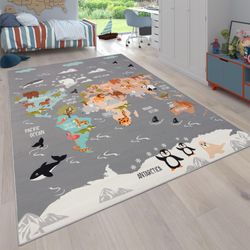 Paco Home Grau Teppich "Bino 581" Rechteckig 4 Mm Höhe Spielteppich Motiv Weltkarte & Tiere Zimmer Kinder von Baur - Image 3