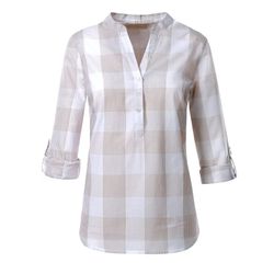 Taupe-Weiß-Kariert Baumwollbluse - Bild 4