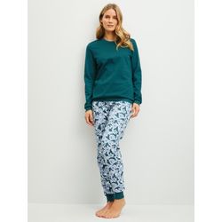 Calida Damen Türkis Midnight Flowers Bündchen-Pyjamafür Xs, Bündchen Sichern Passgenauen Sitz Ohne Einengen - Bild 3