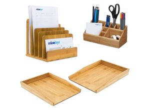 4052025217020 - Relaxdays - 4 teiliges Schreibtisch Set aus Bambus 2 Briefablagen für A4  Schreibtischorganizer Dokumentenhalter stehend natur