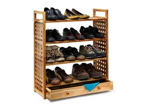 4052025192778 - Relaxdays - Schuhregal Walnuss h x b x t 81 x 70 x 27 cm Schuhablage mit Schublade 4 Böden für je 3 Paar Schuhe Holz Schuhschrank mit Griffen zum