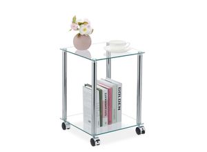 4052025313647 - Beistelltisch mit Rollen 2 Ablagen eckig Wohnzimmer Glas & Stahl mobiler Couchtisch transparent silber - Relaxdays