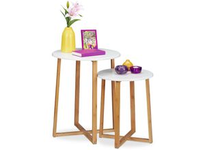 4052025321932 - Beistelltisch 2er Set runde Satztische 485 & 605 cm hoch modernes Design Wohnzimmertisch natur weiß - Relaxdays