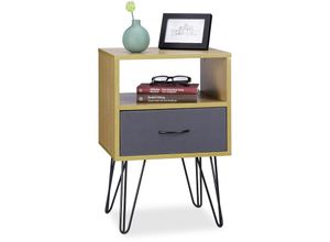 4052025227425 - Relaxdays - Retro Nachtschrank mit Schublade Holzoptik Metallbeine Vintage Nachttisch HxBxT 60 x 40 x 35 cm braun