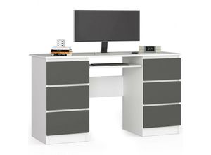 5907504384023 - Akord - Schreibtisch Klein mit Schubladen | Office Desk | Computertisch | Bürotisch mit Tastaturablage | B135 x H77 x T50 cm 60 kg | Weiß Graphitgrau