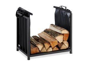 4052025287740 - Kaminholzständer mit Holztragetasche für innen modernes Design Kaminregal Stahl hbt 50x51x37 cm schwarz - Relaxdays