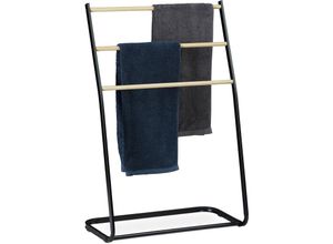 Image of Handtuchhalter stehend, Metall, 3 Sprossen in Holzoptik, für Handtücher & Kleidung, HxBxT 86x58x30 cm, schwarz - Relaxdays