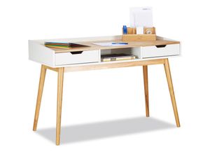 Image of Relaxdays - Schreibtisch, skandinavisches Design, 2 Schubladen, Bürotisch HxBxT: ca. 76 x 120 x 55 cm, Holz, weiß-braun