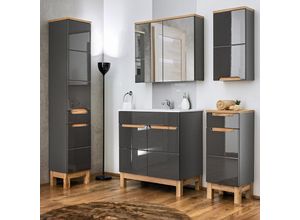 4251324906141 - Badezimmer Möbel Set 5-teilig mit 60 cm Waschtisch aus Keramik SOLNA-56 Hochglanz grau inkl Standfüßen BxHxT ca 160 x 200 x 45 cm - grau