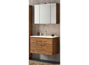 4251581541833 - Badezimmer Waschplatz Set MANLY-03 inkl 80 cm Waschbecken & LED-Spiegelschrank in Wotaneiche Nb B H T 80 195 47cm - braun