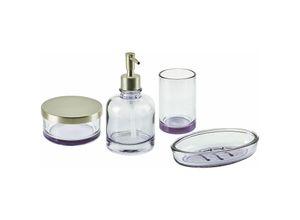 4251682281874 - 4-teiliges Badezimmer-Set Glas Violett Seifenspender Seifenschale Zahnbürstenhalter Becher Eleganter Moderner Stil Badzubehör für wc Toilette - Silber