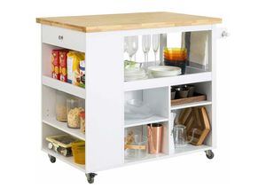 4251388611876 - Sobuy - FKW97-WN Design Küchenwagen Kücheninsel mit Klappe Küchenschrank mit Regalfächern Rollwagen Sideboard auf Rollen Küchentrolley Weiß-Natur bht