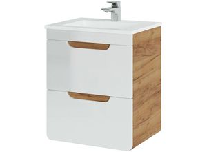 4251581577344 - Lomadox - Waschtisch 52 cm mit Keramik-Waschbecken LUTON-56 Hochglanz weiß mit Wotan Eiche Nb b h t ca 52 61 40 cm - weiß