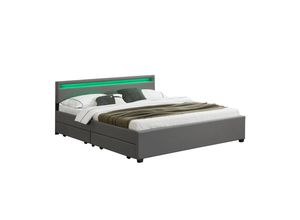 4260304764312 - Led Polsterbett Lyon mit Bettkasten – Bettgestell aus Holz & Kunstleder mit Lattenrost – Doppelbett Schlafzimmer Möbel – 180 x 200 cm - grau - Juskys