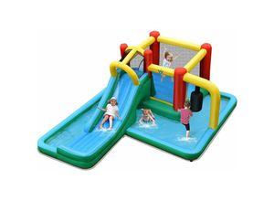 0661706084390 - Hüpfburg aufblasbar Wasserrutsche Spielpool Springburg mit Rutsche Kletterwand Tunnel Pendel Planschbecken Wasserpark 470x370x190cm - Costway