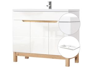 4251581575654 - Lomadox - Waschtischunterschrank inkl 100 cm Keramikbecken SOLNA-56 Hochglanz weiß Wotaneiche b x h x t ca 100 x 85 x 46cm - weiß