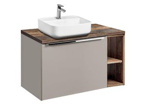 4066075064404 - Waschtischunterschrank 80cm mit Regal & Keramikbecken PUEBLA-56-TAUPE in taupe mit Vintage Oak B H T ca 804 625 46 cm - beige