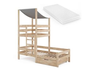 4066731052509 - VitaliSpa Spielturmbett Kinderbett Spielbett Tom Natur modern 204x218 cm Massivholz Kinderzimmer Lattenrost Bettleiter Bett Schublade Matratze Abenteuerbett Kletterbett