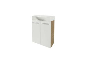 4260527901136 - B STYLE SBC Gäste-WC Set 2 Teile – Waschtischunterschrank in Weiß mit Holz Braun mit Waschbecken aus Keramik – Waschbeckenunterschrank