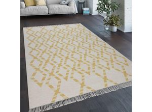 4061981120428 - Teppich Wohnzimmer Boho Stil Fransen Handgewebt Woll-Baumwoll Gemisch Gelb Creme 60x110 cm - Paco Home 4061981120428 - Teppich Wohnzimmer Boho Stil Fransen Handgewebt Woll-Baumwoll Gemisch Gelb Creme 60x110 cm - Paco Home