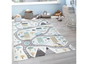 4061981174865 - Kinderteppich Teppich Kinderzimmer Spielteppich Pastell Autos Creme Petrol Grau 80x150 cm - Paco Home