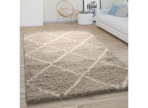 4061981132544 - Hochflor Teppich Wohnzimmer Shaggy Skandinavisches Rauten Muster Modern In Beige ø 120 cm Rund - Paco Home