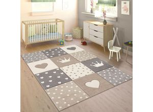 4061981207570 - Paco Home Teppich Kinderzimmer Kinderteppich Junge Mädchen Pastell 3D Punkte Herz Beige 133 cm Quadrat