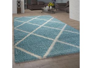 4061981128325 - Teppich Wohnzimmer Hochflor Shaggy Skandi Design Mit Rauten Muster Modern In Türkis ø 200 cm Rund - Paco Home