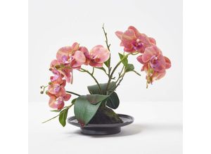 5056280712497 - HOMESCAPES Künstliche pfirsichfarbene Phalaenopsis-Orchidee im schwarzen Keramik-Topf 32 cm - Pfirsich