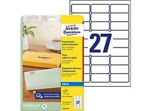 4004182047217 - AVERY Zweckform Abziehhilfe QuickPEEL Adressetiketten J4721-25 Selbsthaftend DIN A4 Transparent 635 x 296 mm 25 Blatt à 27 Etiketten