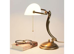 4251254244887 - Licht-erlebnisse - Bankerlampe Bronze aus Messing mit Schirm Weiß - Bronze hell glänzend Weiß