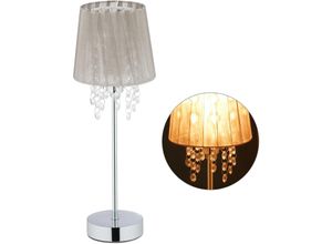 4052025295219 - Relaxdays - Tischlampe Kristall Lampenschirm aus Organza runder Standfuß Nachttischlampe HxD 41 x 145 cm grau silber