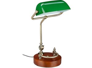 4052025166069 - Bankerlampe neigbarer Glasschirm Holzfuß E27-Fassung Schreibtischlampe Retro Bibliothekslampe grün-braun - Relaxdays