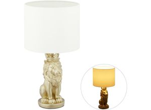 4052025322380 - Relaxdays - Tischlampe Löwe Tischleuchte mit Stoffschirm E27 prunkvolle Nachttischlampe h x d 475 x 25 cm weiß gold