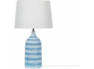 4251682279345 - Beliani - Tischlampe mit Keramikfuß Blau 66 cm Langes Kabel mit Schalter Klassischer Lampenschirm aus Baumwolle Jute in Weiß Wohnzimmer Schlafzimmer