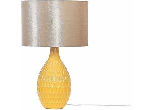 4251682279468 - Beliani - Tischlampe Gelb   Gold 54 cm geprägt Keramiksockel Kabel mit Schalter glänzender Lampenschirm Stoff Schlafzimmer Wohnzimmer Retro - Gelb