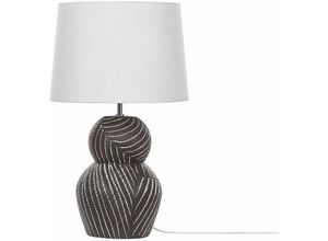 4251682279307 - Beliani - Tischlampe mit Keramikfuß Schwarz 63 cm Streifenmuster Kabel mit Schalter Lampenschirm aus Baumwolle   Jute in Weiß Wohnzimmer Schlafzimmer