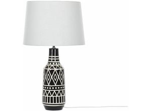 4251682279314 - Tischlampe Keramikfuß Ethnomotiv Schwarz   Weiß 68 cm Kabel mit Schalter Lampenschirm aus Jute und Baumwolle Cremeweiß Wohnzimmer Schlafzimmer - Beige