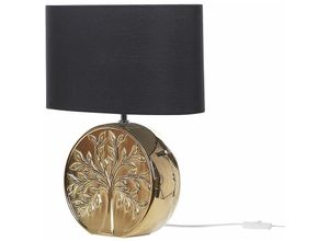 4251682279352 - Tischlampe Gold 49 cm Keramiksockel Glänzend mit Baummotiv Kabel mit Schalter Lampenschirm in Schwarz Schlafzimmer Wohnzimmer Glamourös - Schwarz