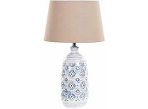 4251682290487 - Beliani - Tischlampe Weiß   Blau Keramik 45 cm mit beigem Schirm langes Kabel mit Schalter Wohnzimmer Medernes Design - Beige