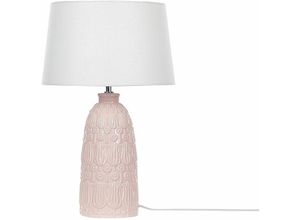 4251682279499 - Beliani - Tischlampe mit Keramikfuß Rosa 56 cm Blumenmotiv Langes Kabel mit Schalter Lampenschirm aus Baumwolle   Jute in Weiß Wohnzimmer Schlafzimmer