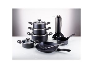 4006776068660 - Topf-Set Aluguss Topf- und Pfannenset inkl praktischen Küchenhelfern 17 tlg Aluminiumguss (Set 17-tlg Fleischtopf 16 18 20 24cm Stieltopf 16cm Steakpfanne 7 TKüchenhelfer) inkl 7-tlg Küchenhelfer-Set schwarz