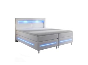 4260565521853 - Boxspringbett Norfolk – led Beleuchtung Bonell-Matratzen Topper & Kunstleder – 66 cm Komforthöhe – Bett Einzelbett 140 x 200 cm – weiß - Juskys