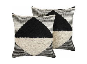 4251682285223 - Beliani - Dekokissen 2er Set Beige Schwarz 50x50 cm Quadratisch mit Reißverschluss Geometrisches Muster Strukturiert Handgewebt Zierkissen Boho Stil