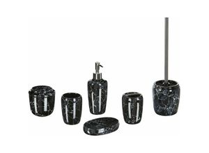 4251682286190 - Badezimmer Set Schwarz Naturstein Dolomit 6-teilig Terrazzo Optik Zahnputzbecher Seifenschale Seifenspender Toilettenbürste Becher Accessoires - Weiß