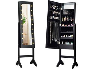 Image of 18 LED-Schmuckschrank neigungsverstellbar, Schmuckregal mit Ganzkoerperspiegel und kleinem Schminkspiegel, Schmuck Spiegelschrank fuer Makeup Schwarz